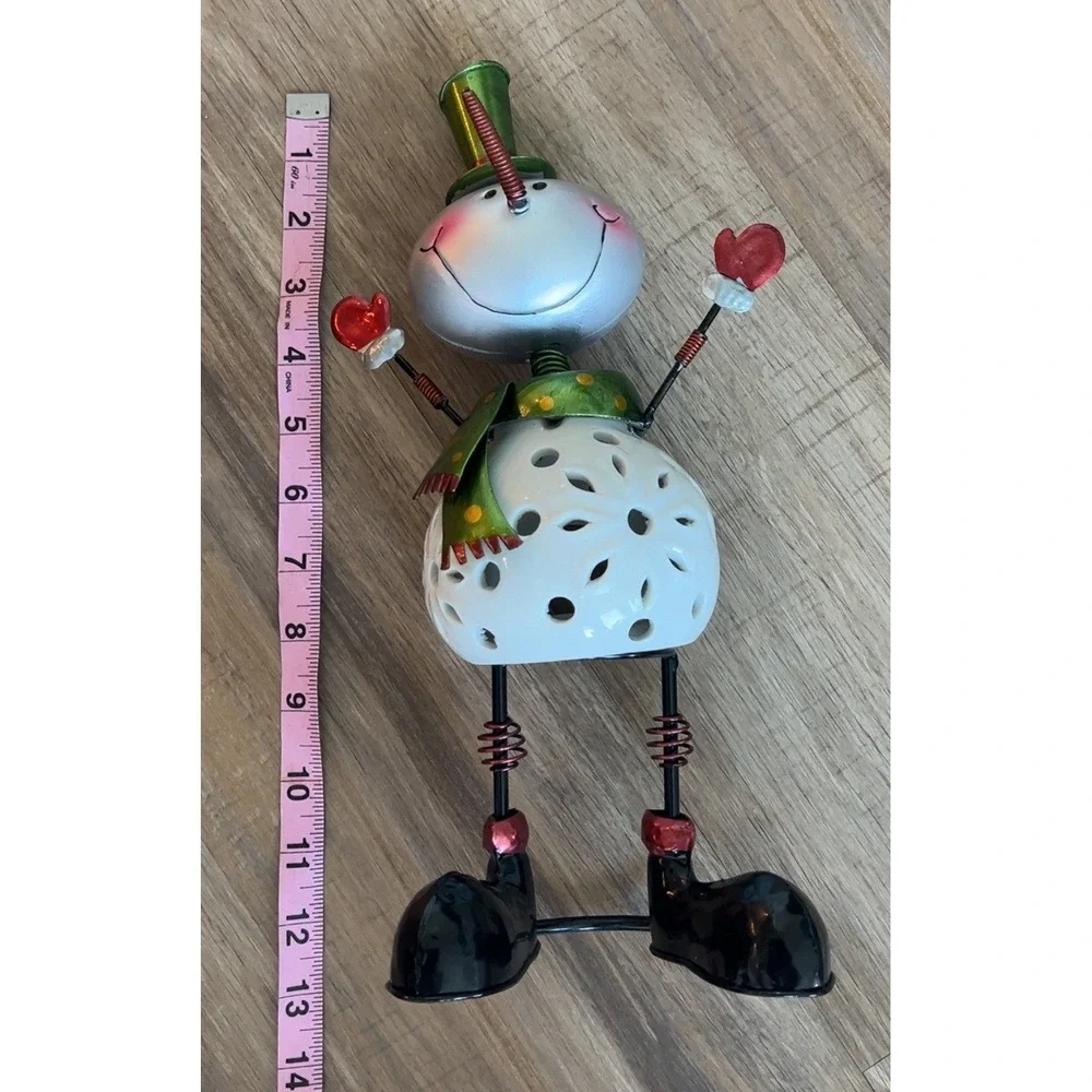 Vintage Pier 1 Snowman Bobblehead Candle Holder Tealight Metal Statue Christmas